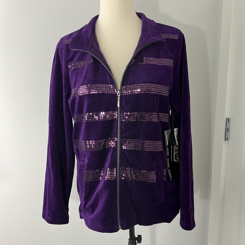 New Onque Casual Medium Purple Glam Velour Zip Up Sweatshirt with Pockets - Picture 3 of 12